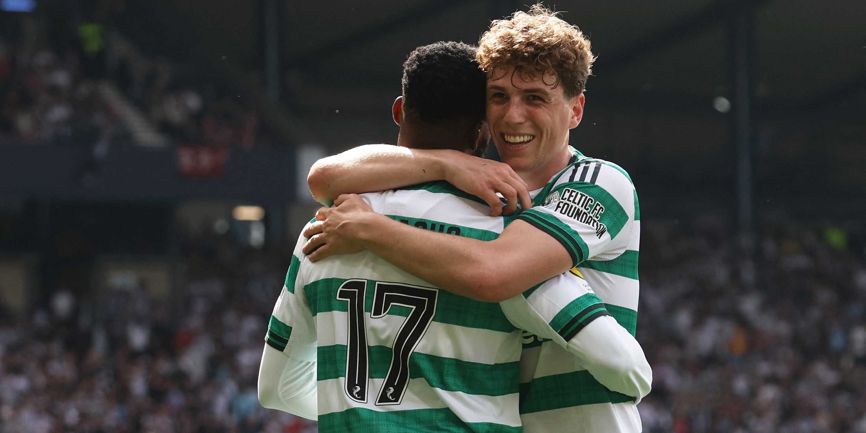Celtic's Kelechi Iheanacho celebrates scoring their third goal with Arne Engels
