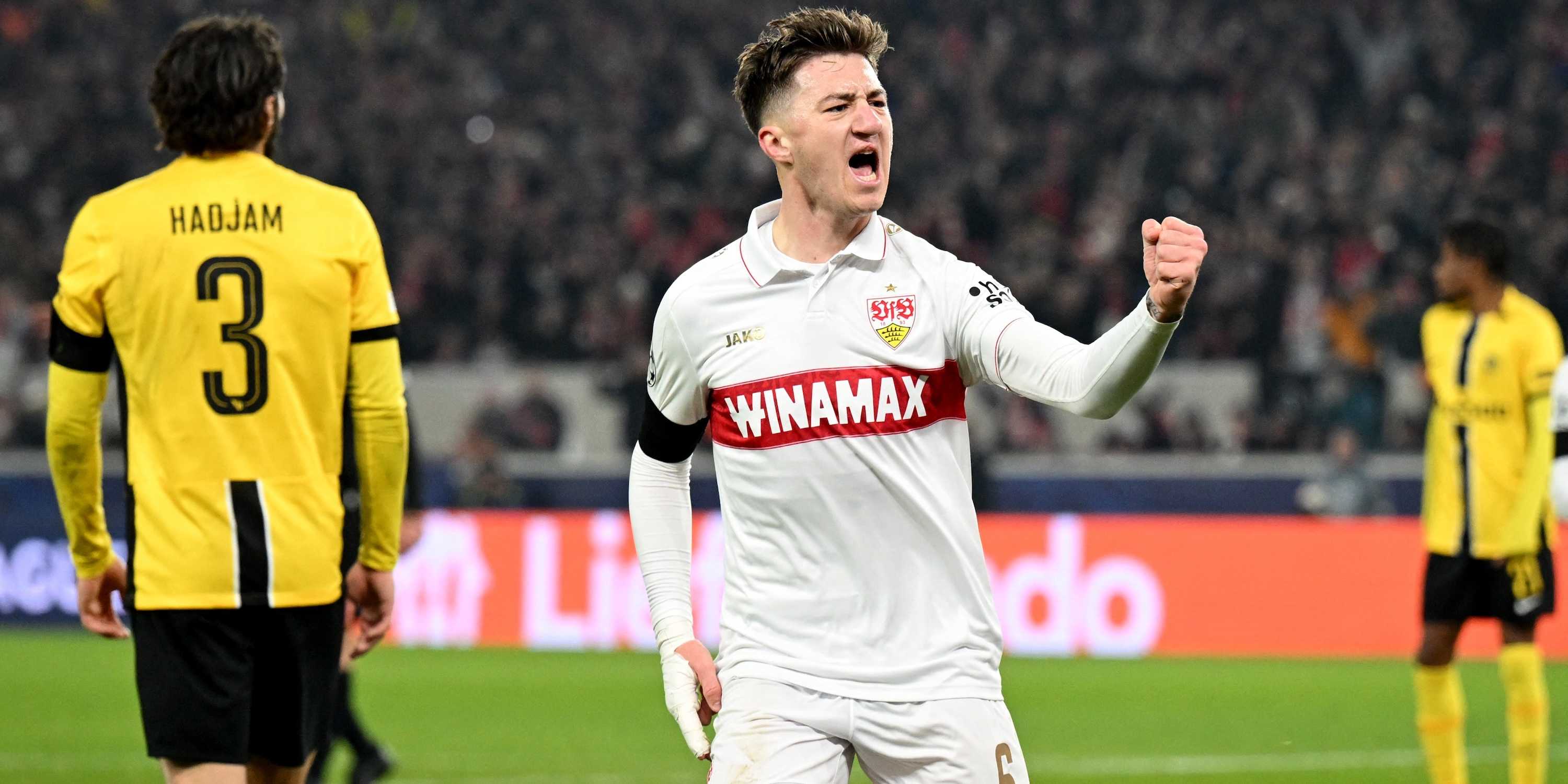 VfB Stuttgart's Angelo Stiller celebrates scoring their first goal 