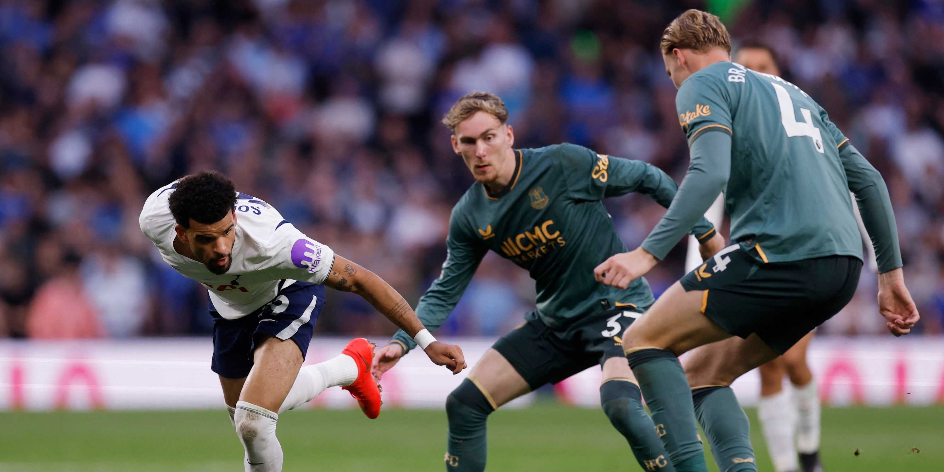 Everton's Jarrad Branthwaite and James Garner in action with Tottenham Hotspur's Dominic Solanke