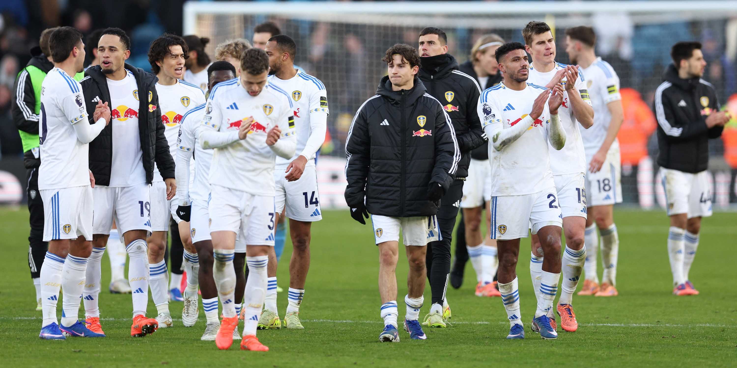 Leeds United's James Justin, Leeds United's Brenden Aaronson, Leeds United's Gabriel Gudmundsson, Leeds United's Joel Piroe and Leeds United's Noah Okafor react after the match