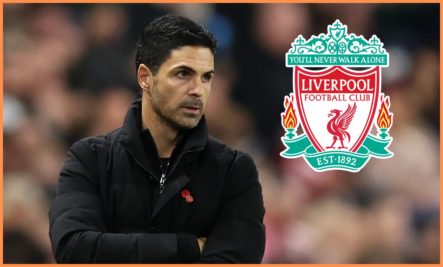 Arsenal manager Mikel Arteta and the Liverpool FC logo